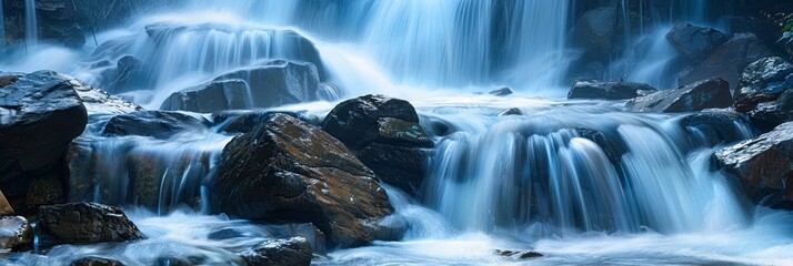 A large waterfall cascades over rocks in a mesmerizing display of natures power and beauty. Generative AI