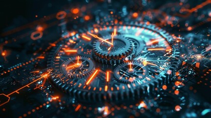A digital clock with gears and cogs instead of numbers indicating the constant flow and timesensitive nature of cryptocurrency trading.