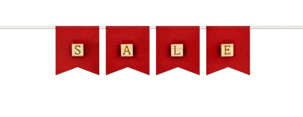 横の棒に吊るされたSALEの英語ブロックの赤い旗