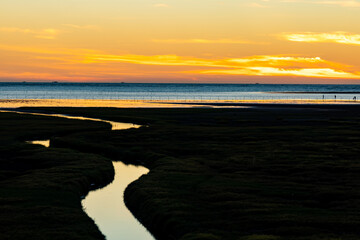 Gaomei Wetlands in sunset time. Sea shore, river, rosy clouds, a beautiful scenery.