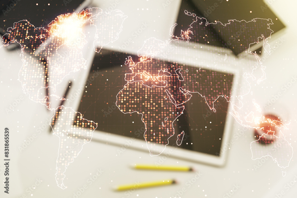 Aufkleber multi exposure of abstract creative digital world map and modern digital tablet on background, top v