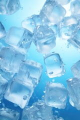 A close up of ice cubes in a blue background. The ice cubes are scattered throughout the image, with some larger and some smaller. Scene is cool and refreshing