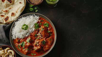 A bowl of red curry with rice and a green herb garnish. The bowl is placed on a table with a plate of bread and a glass of water