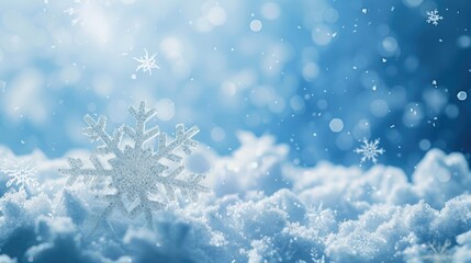 A snowflake is on top of a snowy hill. The snow is falling and the sky is blue