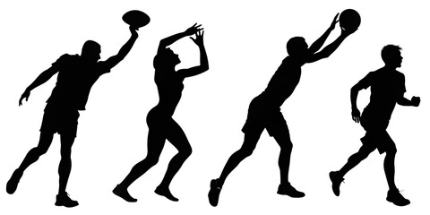 Vector set of silhouettes of black people playing football, sports movements, PNG transparent background