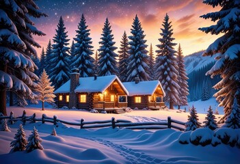 magical winter landscape with twinkling lights on snow-laden trees and a soft glow emanating from a cozy cabin in the distance