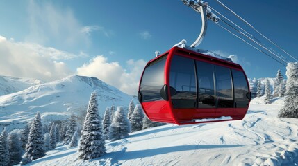 A red ski lift is suspended in the air over a snowy mountain. The lift is carrying a group of people who are enjoying a day of skiing. The scene is peaceful and serene