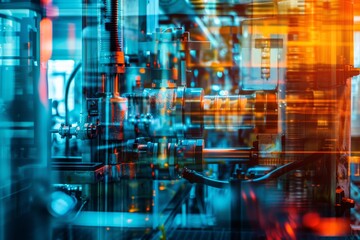 Fototapeta premium Advanced industrial production technology close up, focus on, copy space, vibrant colors, Double exposure silhouette with machinery