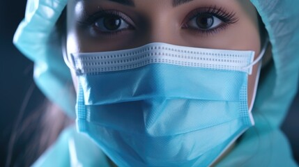 A woman wearing a blue surgical mask