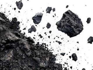 A pile of rocks is scattered across a white background. The rocks are large and black, and they appear to be falling from the sky. The scene gives off a sense of chaos and destruction