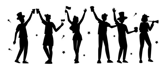 Silhouettes of people group celebrating with drinks and flags on a white background. Festive party and celebration concept for design and print.