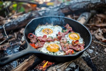 A pan of bacon and eggs is cooking over a fire. The eggs are cooked sunny side up and the bacon is crispy. The scene is rustic and cozy, with the fire providing warmth and light