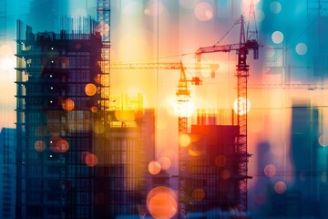 Structural engineering concepts close up, focus on, copy space, vibrant colors, Double exposure silhouette with buildings