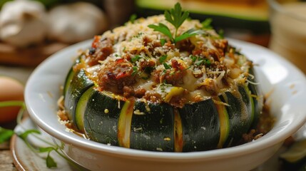 A large bowl of food with a green vegetable in the center. The food is covered in cheese and has a lot of toppings