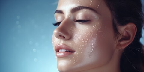 A woman with a wet face and a smile. Concept of freshness and rejuvenation