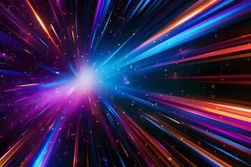 Naklejka premium A colorful and dynamic neon background with streaks of light in various colors, representing speed or time travel through space. The center is filled with glowing stars that give the impression 