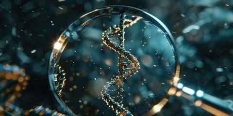 A close up of a DNA strand with a magnifying glass in front of it. Concept of curiosity and wonder about the intricacies of the genetic code