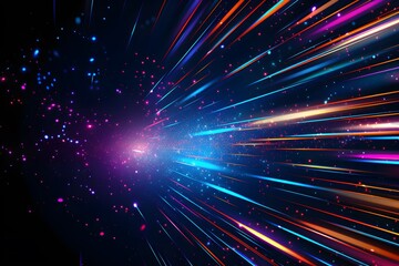 Obraz premium A colorful and dynamic neon background with streaks of light in various colors, representing speed or time travel through space. The center is filled with glowing stars that give the impression 