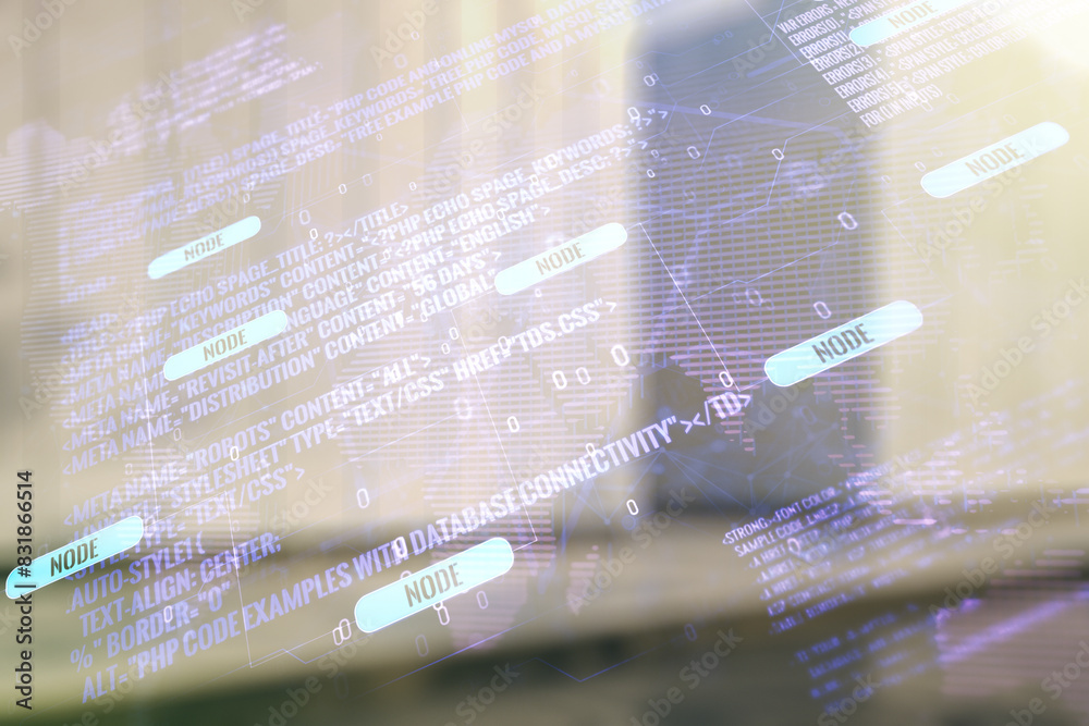 Poster multi exposure of abstract software development hologram and world map on modern business center ext