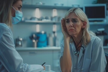 Professional doctor assisting a woman in her office: the patient is crying and feeling hopeless