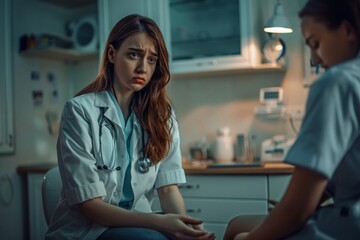 Obraz premium Professional doctor assisting a woman in her office: the patient is crying and feeling hopeless
