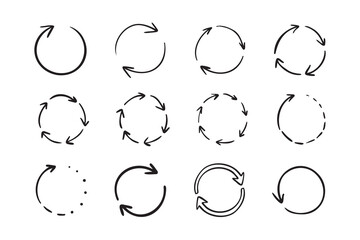 Round circle doodle arrows. Hand drawn arrow icons set. Recycle sketch signs. Repeat line symbols.