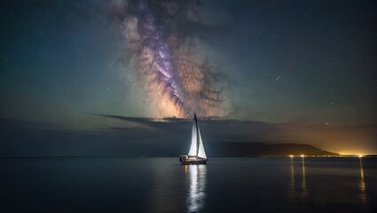 sailboat at night A single sailboat in the middle of the ocean on a starry nigh stunning milky way