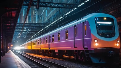 train on the railway artwork a night train at full speed using a blend of neon-impressionism and cyberpunk inspiration