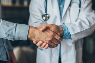 Fototapeta premium A doctor shaking hands with a patient in a medical setting