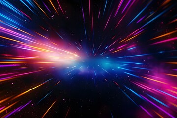 Naklejka premium A colorful and dynamic neon background with streaks of light in various colors, representing speed or time travel through space. The center is filled with glowing stars that give the impression 