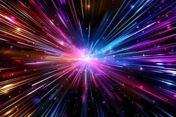 Naklejka premium A colorful and dynamic neon background with streaks of light in various colors, representing speed or time travel through space. The center is filled with glowing stars that give the impression 