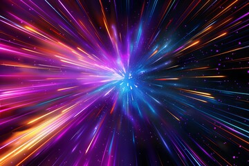 Fototapeta premium A colorful and dynamic neon background with streaks of light in various colors, representing speed or time travel through space. The center is filled with glowing stars that give the impression 