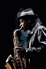 A musician plays the saxophone wearing a hat