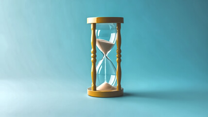 Hourglass with wooden frame on a blue background. Time management and countdown concept. Design for poster, banner, and print. Studio shot