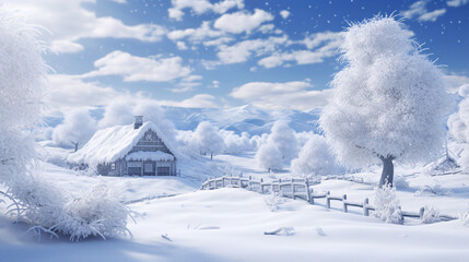 Beautiful Winter Rural Landscape with Trees and House Covered with Snow