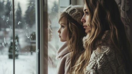 Two girls standing by the window, gazing out at the snowy scene