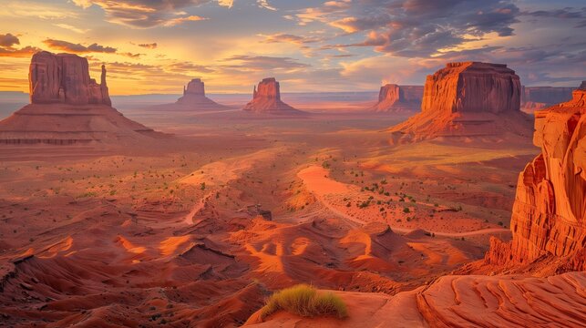 A vast desert with towering red rocks basks in a sunset's golden hues, creating a warm, ethereal glow.
