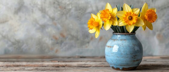 Bright yellow daffodils in a blue ceramic vase on a rustic wooden table with a textured background, capturing spring elegance and freshness.