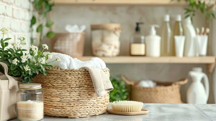 A basket containing towels and a brush on a table, perfect for a bathroom or spa setting