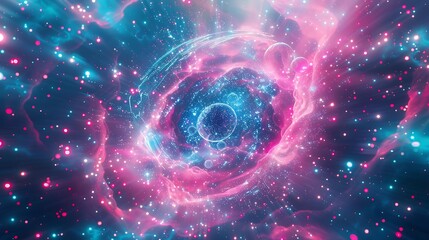 A digital nebula of pink and blue neon gas clouds, swirling around a central data singularity, with bokeh light stars illuminating the cosmic canvas