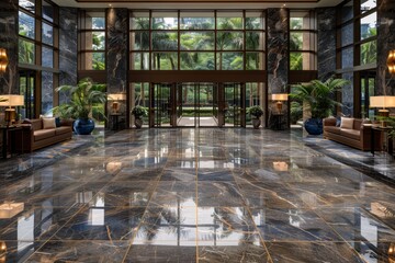 Luxurious hotel lobby with marble flooring and large windows, featuring elegant decor and spacious seating in a grand setting