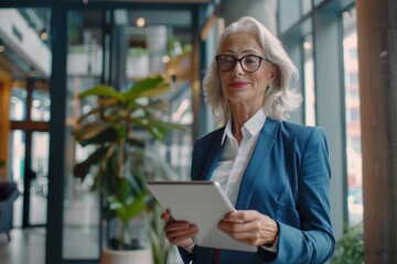 Fototapeta premium A professional woman holds a tablet computer, ready to work or access information