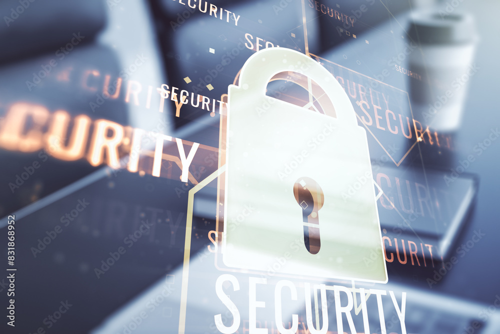 Poster creative light lock illustration with microcircuit on modern computer background, cyber security con
