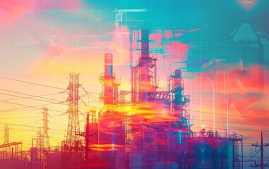Energyefficient plant operations close up, focus on, copy space, vibrant colors, Double exposure silhouette with power grids