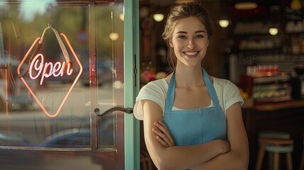 Welcoming Cafe Owner at Door with Open Sign