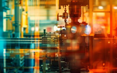 Innovative industrial production techniques close up, focus on, copy space, vibrant colors, Double exposure silhouette with advanced machinery