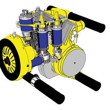 recommend clip art: Realistic  diagram of a three stroke engine outside vector line art engineering drawing