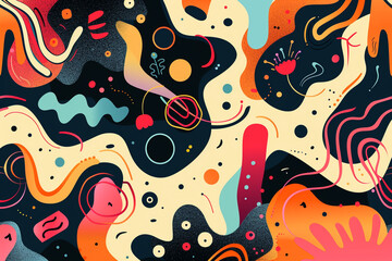 Psychedelic color schemes in a funky abstract pop style with quirky shapes.