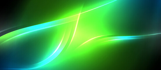 Neon glowing circle rays, light round lines in the dark, planet style neon wave lines. Energetic electric concept design for wallpaper, banner, background