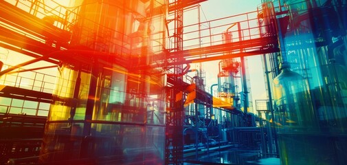 Innovative oil refining processes close up, focus on, copy space, vibrant colors, Double exposure silhouette with lab equipment